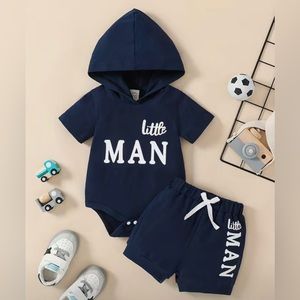 Little Man" Baby Boys' 2 Piece Hooded Onesie & Shorts Set